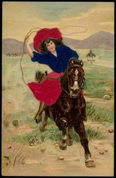 Woman on horseback with lasso.
