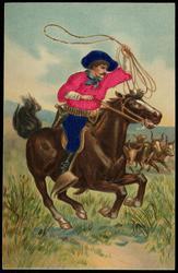 Man on horseback with lasso.
