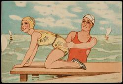 Man and woman being slap happy at the beach - mechanical card.
