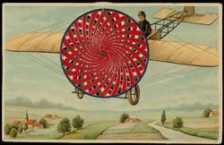 Bleriot XI flying over the countryside - mechanical kaleidoscopic card.
