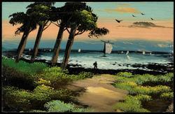 Four trees and a person on the beach.
