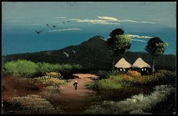 Two huts, two trees and a mountain.
