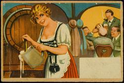 Woman pouring beer on one side. Brown haired man drinking beer on the other side.
