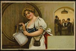 Woman pouring beer on one side. White haired man drinking beer on the other side.
