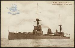 H.M.S. INDEFATIGABLE. Battle Cruiser, 18,750 tons. Length, 580 feet; Beam 79 1/2 feet; Draught 27 3/4 feet; Speed, 25 knots. Armed with Eight 12 in., Sixteen 4 in. Guns, Three Torpedo Tubes.
