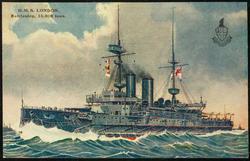 H.M.S. LONDON. Battleship, 15,000 tons.
Length 430 feet; Beam, 75 feet; Draught, 29 feet; Speed, 18 knots. Armed with Four 12 in., Twelve 6 in., Eighteen 12 pdr., six 3 pdr., Two Maxim Guns. Four Torpedo Tubes.