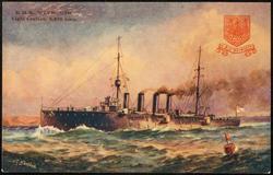 H.M.S. WEYMOUTH. Light Cruiser, 5,250 tons. 
Length, 450 feet; Beam 48 1/2 feet; Draught, 15 1/4 feet; Speed, 25 knots. Armed with eight 6 in., Four 3 pdr. Guns, Two Torpedo Tubes.