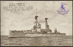 H.M.S. TEMERAIRE. Battleship, 18,1600 tons.
Cost £1,625,000; Length, 520 feet; Beam, 82 feet; Draught, 26 feet; Speed, 20 3/4 knots. Armed with Ten 12 in.; Sixteen 4 in.; Four Small Quick Firing Guns, and Three Torpedo Tubes.