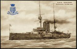 H.M.S. DOMINION. Battleship, 16,350 tons.
Length, 454 feet; Beam, 78 feet; Draught, 20 3/4 feet; Speed, 19 knots. Armed with Four 12 in., Four 9.2 in., Ten 6 in., Twelve 12 pdr. guns, Two Maxims, Five Torpedo Tubes.
