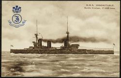 H.M.S. INDOMITABLE. Battle Cruiser, 17,250 tons.
Length, 562 feet; Beam, 78 1/2 feet; Draught, 27 feet; Speed, 25 knots. Armed with Eight 12 in., Sixteen 4 in. guns, Three Torpedo Tubes.