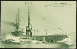 H.M.S. "DRAKE" PRECEDED BY SUBMARINE D.I. WITH WIRELESS EQUIPMENT.
