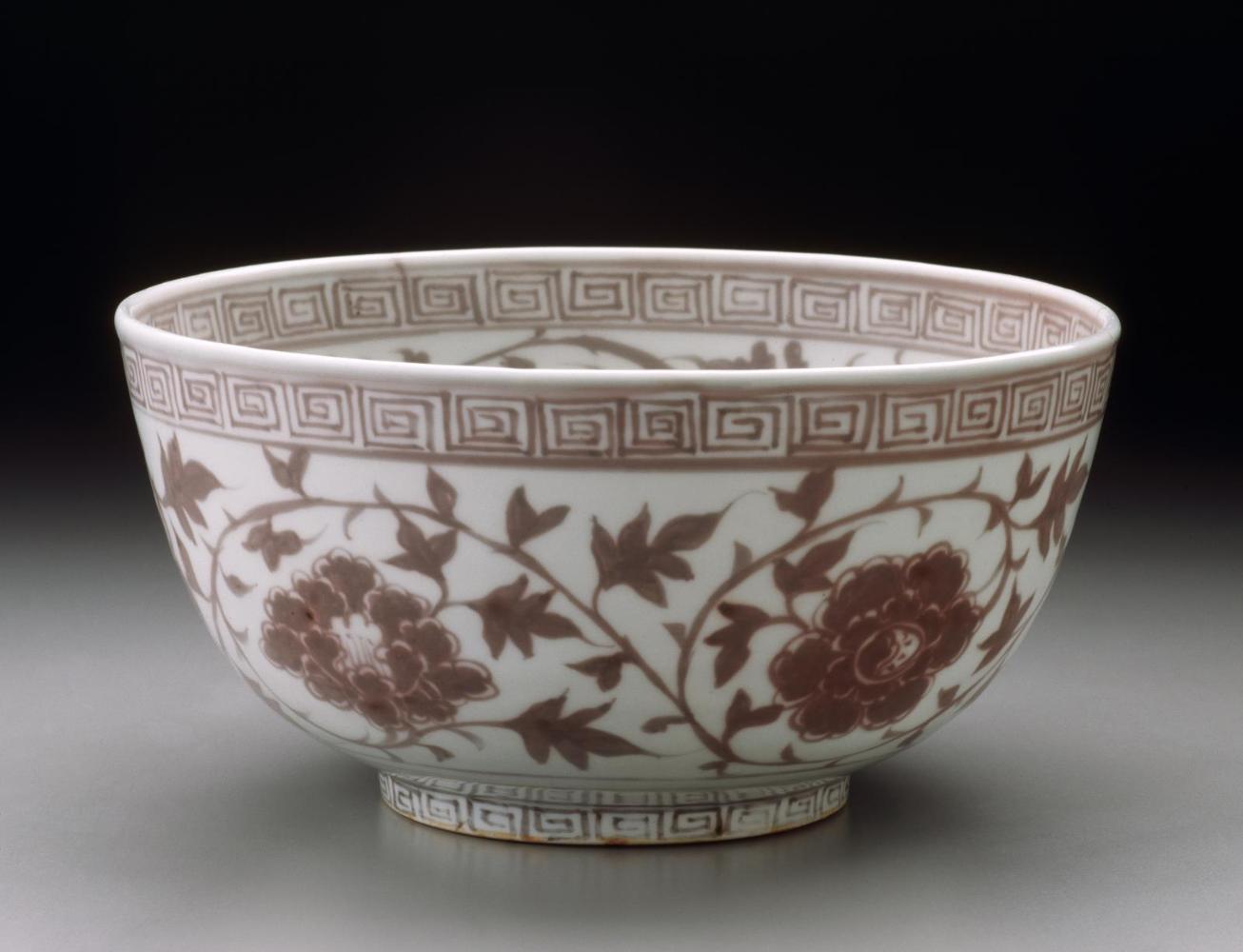 Bowl with underglaze red decoration of flower scrolls