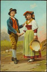 Portrait of man and woman with tambourine.
