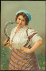 Portrait of woman with sickle.
