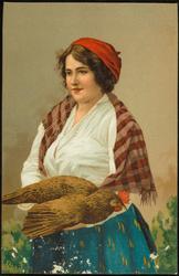 Portrait of woman with a chicken.
