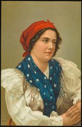 Portrait of woman with blue polka-dotted scarf.
