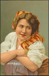 Portrait of woman with yellow and red striped scarf.
