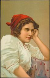 Portrait of woman with with a red head scarf.
