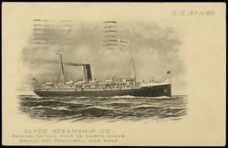 S.S. APACHE  
CLYDE STEAMSHIP CO., GENERAL OFFICES, PIER 36 NORTH RIVER. BRANCH 290 BROADWAY, NEW YORK.

