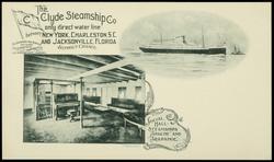 SOCIAL HALL - STEAMSHIPS "APACHE" AND "ARAPAHOE". The Clyde Steamship Co. only direct water line between NEW YORK, CHARLESTON S.C. AND JACKSONVILLE, FLORIDA WITHOUT CHANGE.