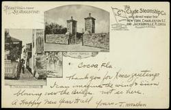GREETINGS FROM ST. AUGUSTINE.  The Clyde Steamship Co. only direct water line between NEW YORK, CHARLESTON S.C. AND JACKSONVILLE, FLORIDA WITHOUT CHANGE.