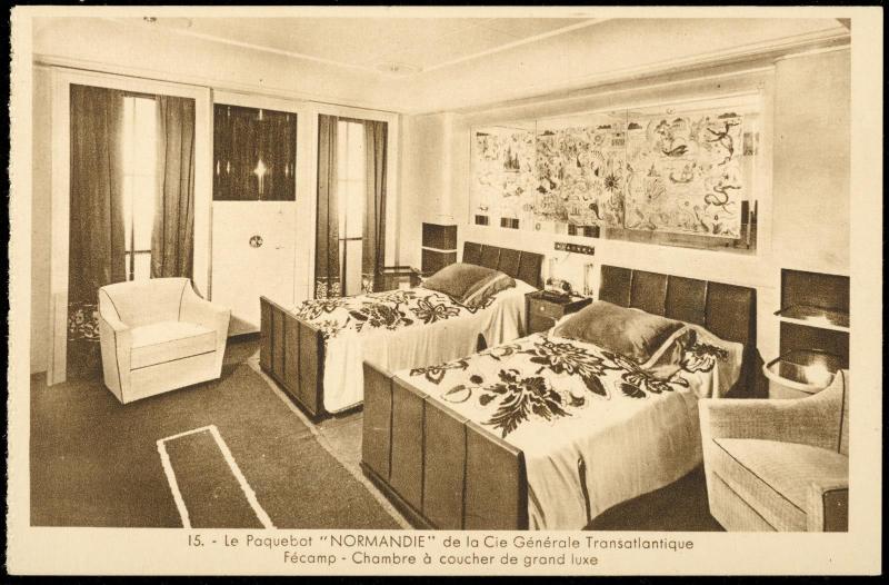 15. - Le Paquebot  "NORMANDIE." de la Cie Générale Transatlantique. Fécamp - Chambre à coucher de grand luxe
