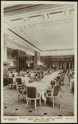 CUNARD WHITE STAR LINER  "QUEEN MARY."  WORLD'S LARGEST AND FASTEST LINER. 83,673 Tons.  
MAIN RESTAURANT.