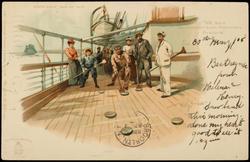 "Shuffle board" Spiel am Deck. Am Bord des Doppelschrauben-Postdampfers "Pretoria".