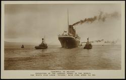 FAREWELL TO BELFAST.  DEPARTURE OF THE LARGEST VESSEL IN THE WORLD. THE WHITE STAR LINER "TITANIC," 46,328 TONS, APRIL 3rd, 1912.
