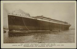THE "TITANIC" SUCCESSFULLY LAUNCHED MAY 31st, 1911.  LENGTH 882 ft. 6in., BREADTH 92ft. 6in., SPEED 21 KNOTS, GROSS TONNAGE 45,000 TONS. ACCOMMODATION 2,500 PASSENGERS. 860 CREW.
