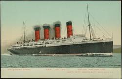 NEW QUADRUPLE TURBINE R.M.S. "LUSITANIA" 32,500 TONS. 68,00 HORSE POWER. LENGTH, 785 FT. BREADTH, 83 FT. DEPTH, 60 FT. 6 IN.
