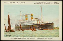 HOLLAND-AMERICA LINE. ROTTERDAM - NEW YORK / ROTTERDAM - HALIFAX (CANADA) } DIRECT SERVICE
T.S.S. VEENDAM. 15450 Tons Register - 25620 Tons Displacement.
