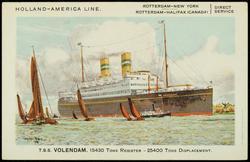 HOLLAND-AMERICA LINE. ROTTERDAM - NEW YORK / ROTTERDAM - HALIFAX (CANADA) } DIRECT SERVICE
T.S.S. VOLENDAM. 15430 Tons Register - 25400 Tons Displacement.