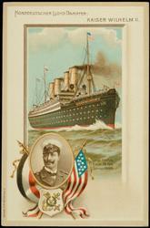 NORDDEUTSCHER LLOYD DAMPFER.  KAISER WILHELM II. 
Länge 706 Fuß  Breite 72 Fuß  Tonnage 26000