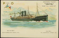 P AND O.  CRUISING YACHT "VECTIS" 6,000 TONS. 6,000 H.P.
West End Office: NORTHUMBERLAND AVENUE, W.C.  Head Office: 122 LEADENHALL STREET, E.C.