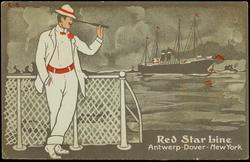 Red Star Line  Antwerp - Dover - New York
[Man on deck holding a telescope]