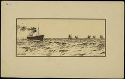 Pen and ink drawing of steamship and sailing boats in the water with beige background.


