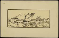 Pen and ink drawing of steamship and sailing boats in the water with beige background.

