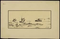 Pen and ink drawing of steamship and sailing boats in the water with beige background.

