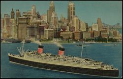 WORLDS LARGEST LINER ARRIVES IN NEW YORK HARBOR 
Cunard's mammoth 83,673-ton Queen Elizabeth, world's largest luxury liner, presents impressive picture against New York skyline as she moves up bay to Hudson River berth. Ship is 1,031 feet long, almost equal to height of Empire State Building.
