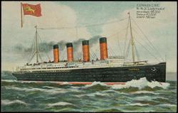 CUNARD LINE R.M.S. "LUSITANIA" HORSE POWER 68,000. TONNAGE 45,000. LENGTH 790 FEET.
