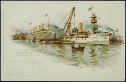 An der Vulcan-Werft vorbei  Schnelldampfer "Kaiser Wilhelm der Grosse" und ein Panzerschiff im Bau.