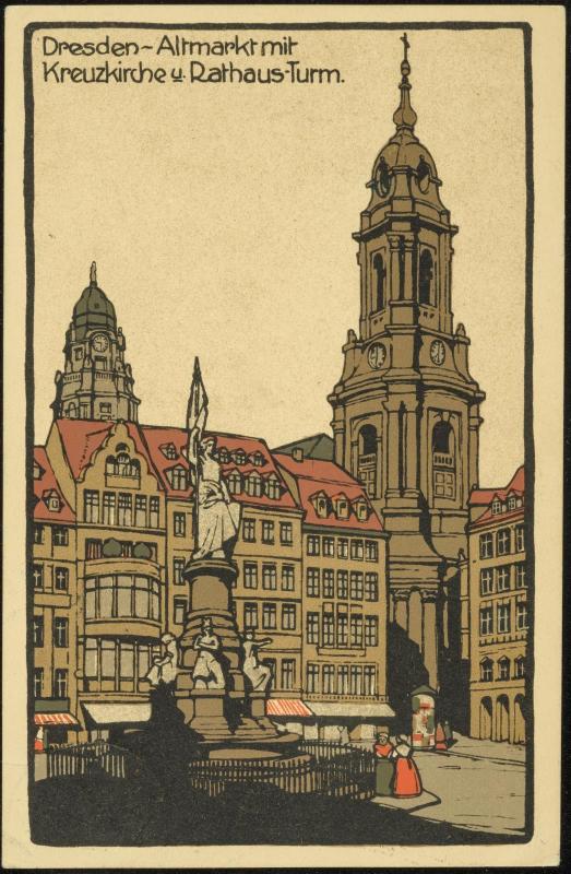 Dresden - Altmarkt mit Kreuzkirche u. Rathaus-Turm.