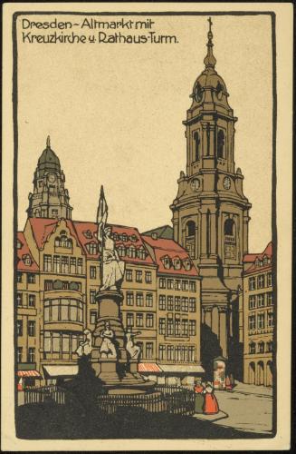 Dresden - Altmarkt mit Kreuzkirche u. Rathaus-Turm.