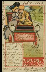 Man and woman kissing in an open automobile.
