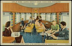 "CITY OF MIAMI," ILLINOIS CENTRAL'S LUXURY COACH DIESEL STREAMLINER. Luxurious comfort always, in the observation section of "Bamboo Grove"

