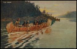 FUR CANOE. 
The Indians of the Northeast brought their furs to the Hudson Bay coast by the method of these large birchbark canoes, which, being light and in expert hands, were capable of great service.