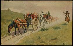 RED RIVER CARTS. 
These carts were used from the Great Lakes to the mountains. They are constructed entirely of wood, bound together, when necessary, by rawhide. They are still largely used throughout the Northwest.