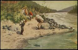 THE PORTAGE. 
Where streams become too swift to make headway against the current in the canoes, portaging is resorted to. Canoes and their cargo are packed on the heads and shoulders of the crew to the head of the rapids. Many Indians carry a surprising weight for miles.