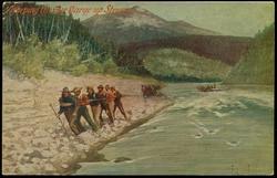 WARPING THE FUR BARGES UP STREAM. 
The barges are tied together and tow-lines passed to the shore. Gangs of Indians in harness take the place of mules and horses of a tow-path. The work is arduous and makes heavy calls upon the hardiest man.